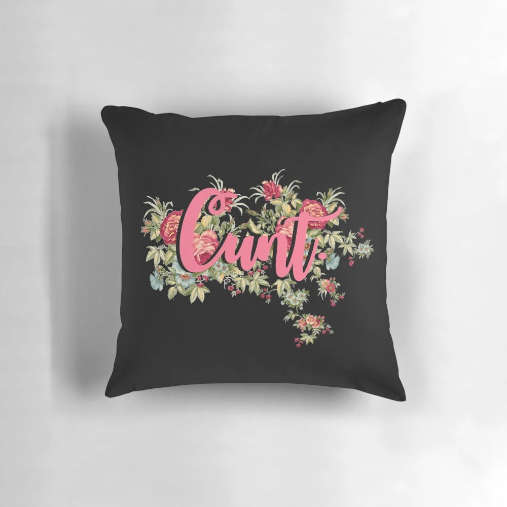 Tropical-themed feminist pillow with cursive text