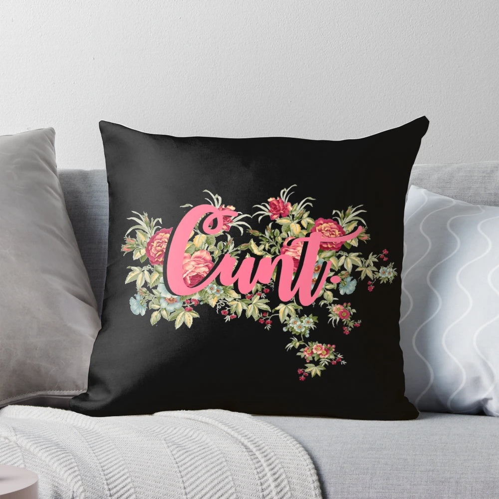 Tropical-themed feminist pillow with cursive text