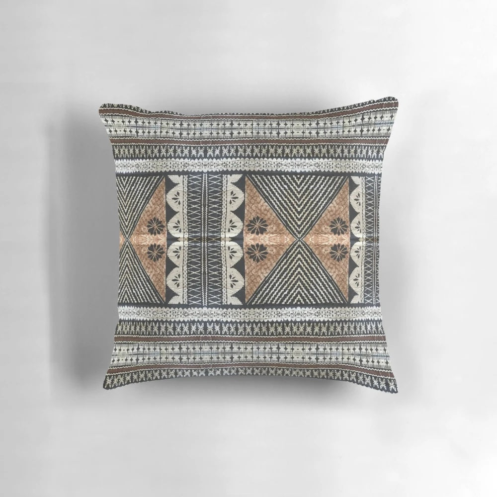 Fijian tapa cloth printed hypersphere pillow with tropical south pacific island design