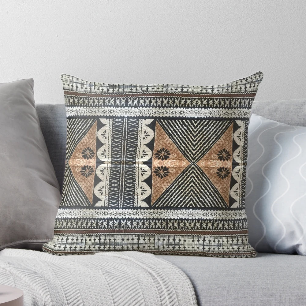 Fijian tapa cloth printed hypersphere pillow with tropical south pacific island design