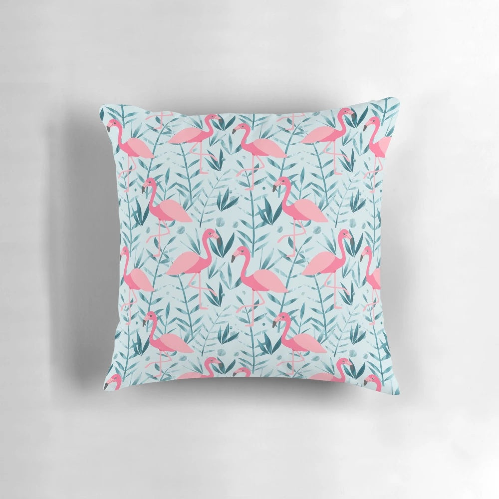 Colorful pink flamingo and floral pattern decorative pillow for tropical-inspired home decor