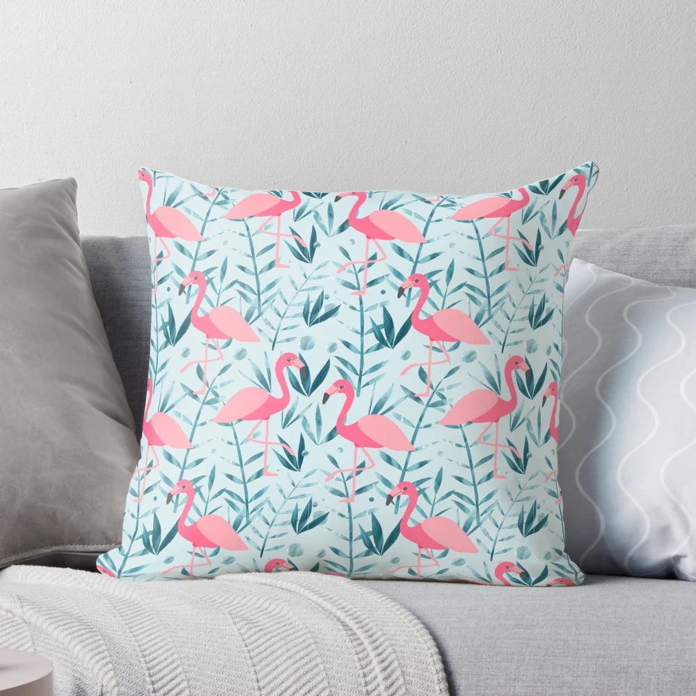 Colorful pink flamingo and floral pattern decorative pillow for tropical-inspired home decor
