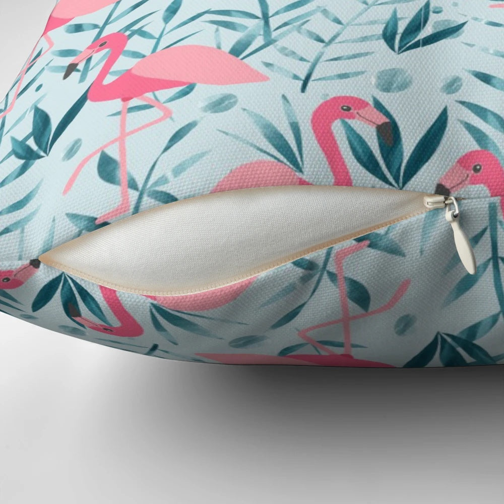 Colorful pink flamingo and floral pattern decorative pillow for tropical-inspired home decor