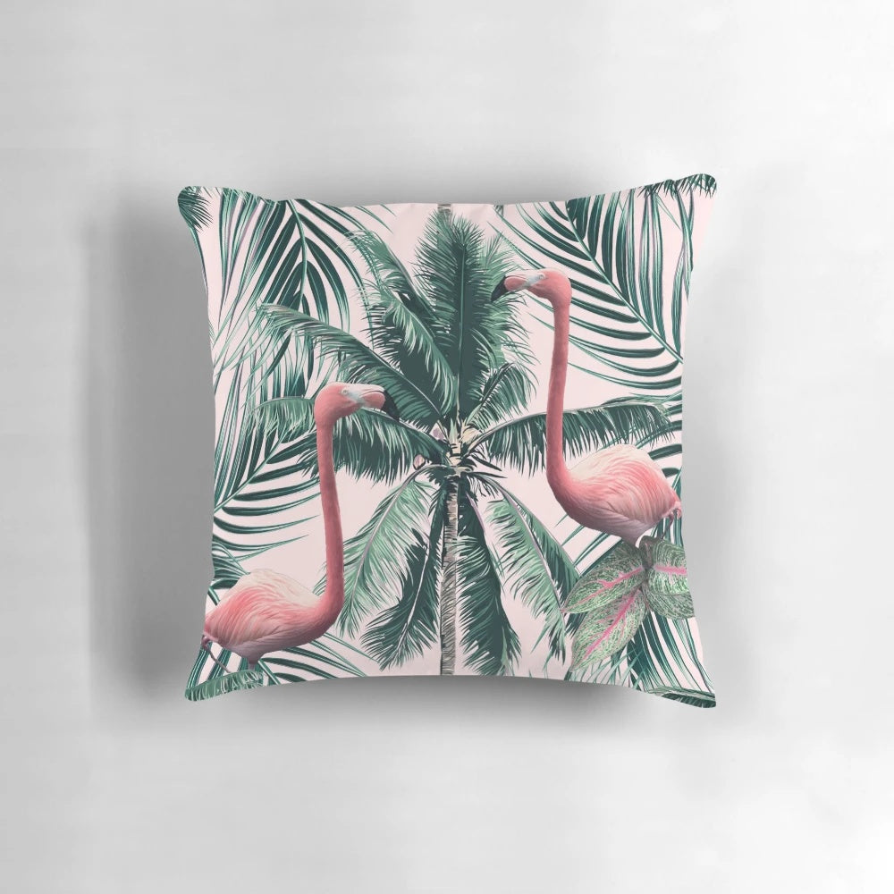 Vibrant tropical flamingo and palm leaf pattern decorative pillow for summer home decor