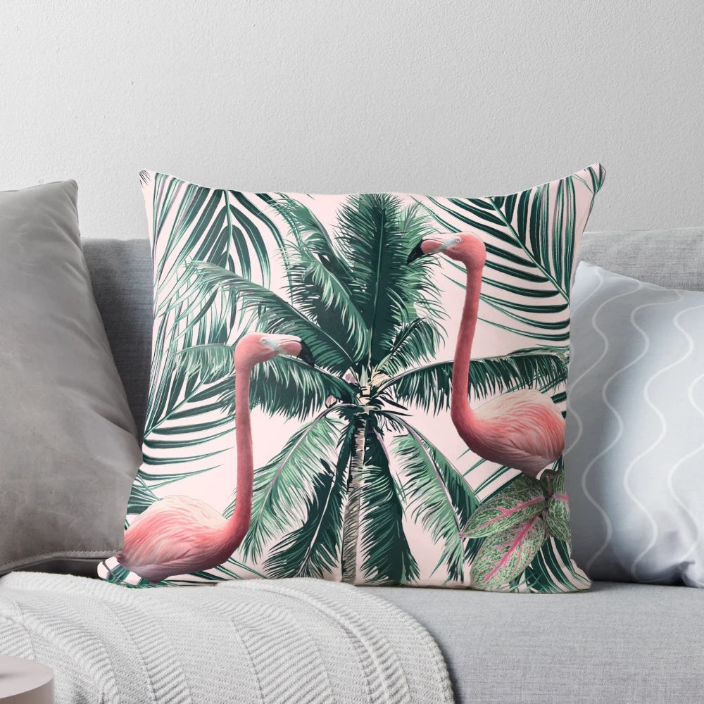 Vibrant tropical flamingo and palm leaf pattern decorative pillow for summer home decor
