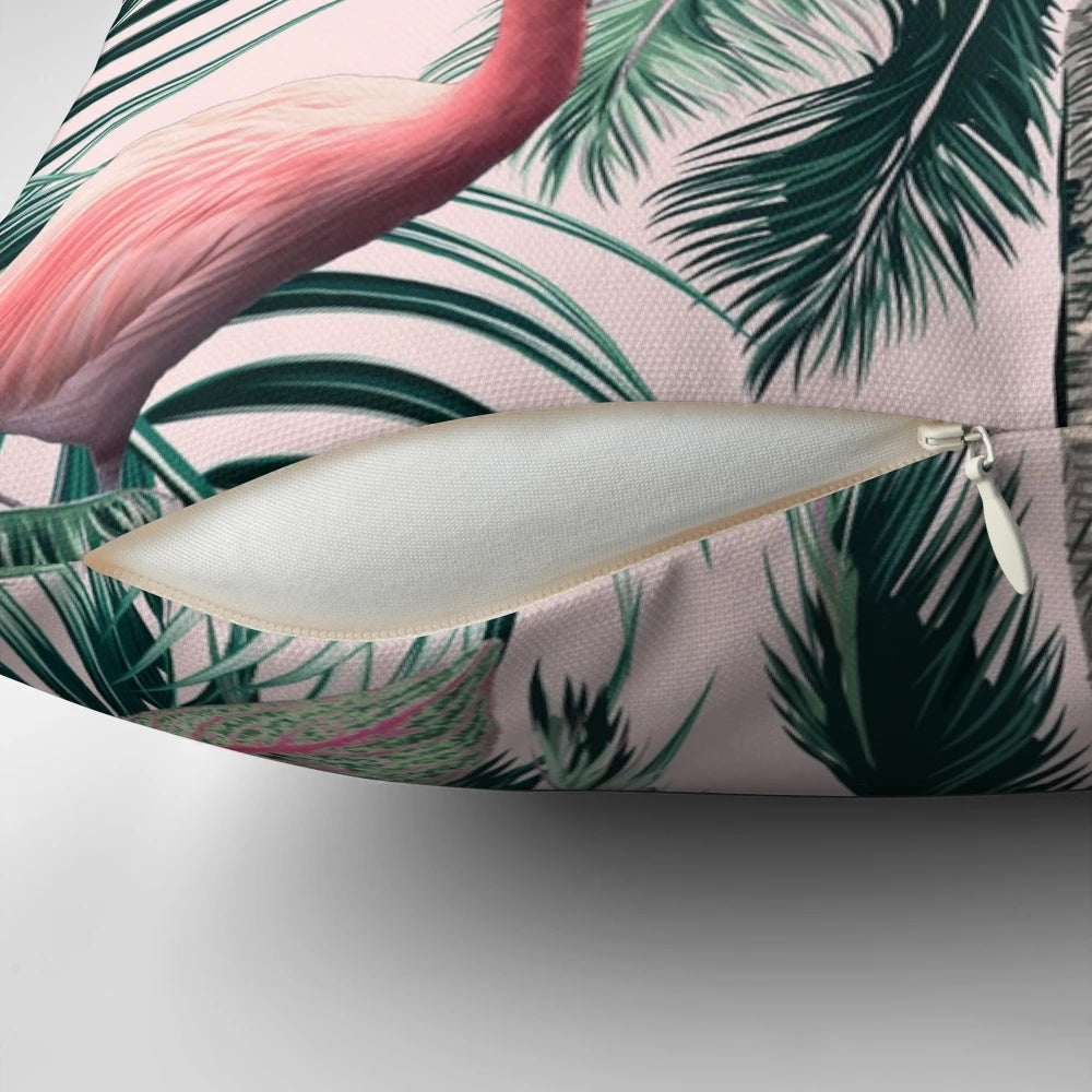 Vibrant tropical flamingo and palm leaf pattern decorative pillow for summer home decor