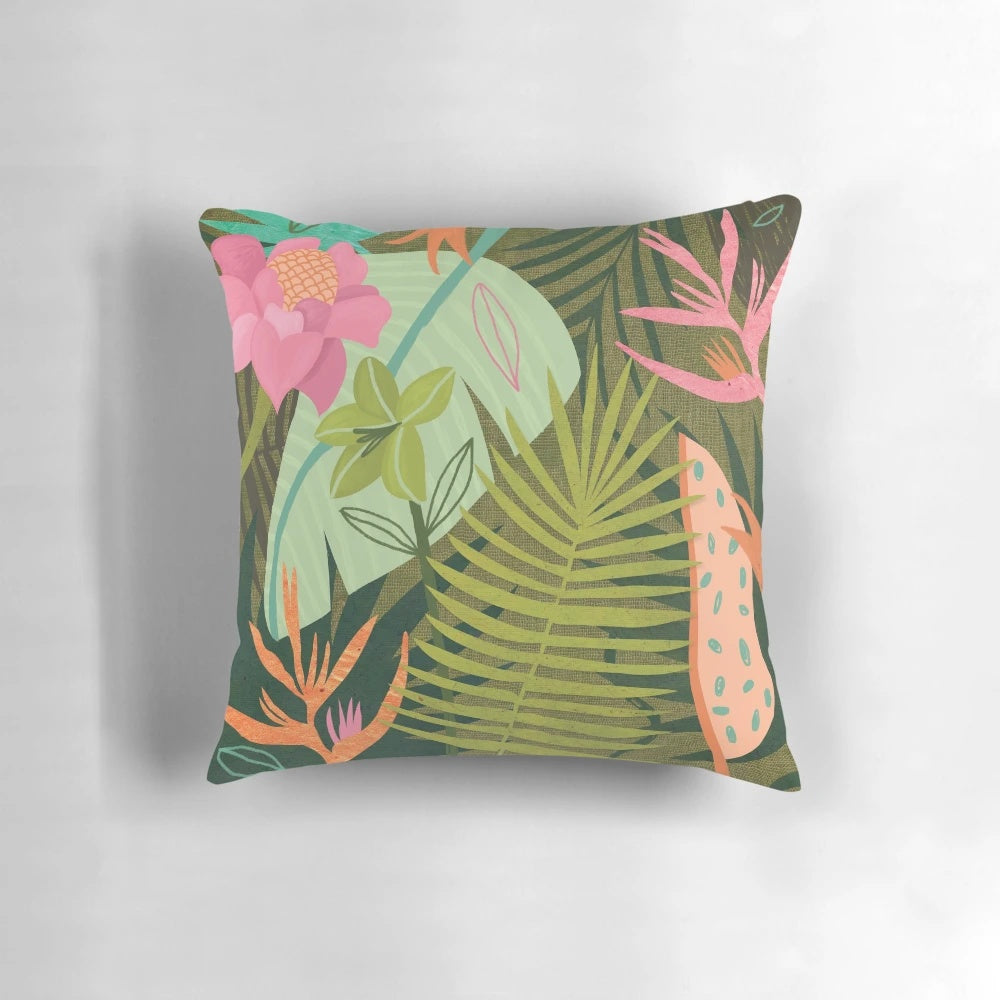 Lush tropical flowers and plants decorative throw pillow