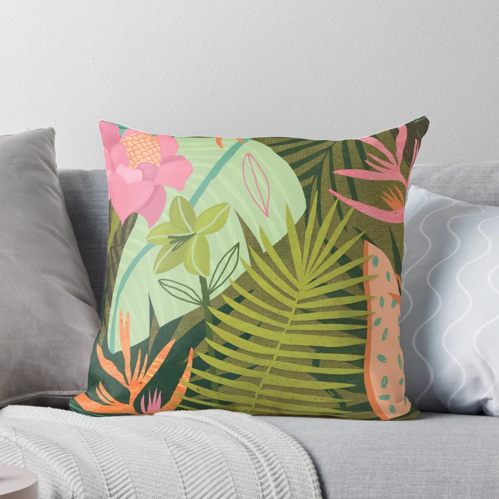 Lush tropical flowers and plants decorative throw pillow