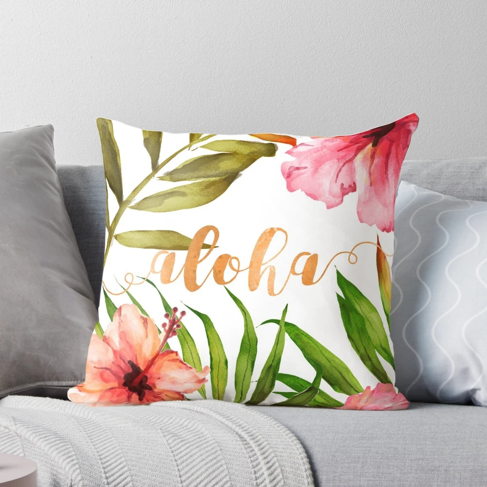Tropical Hawaiian floral watercolor decorative pillow