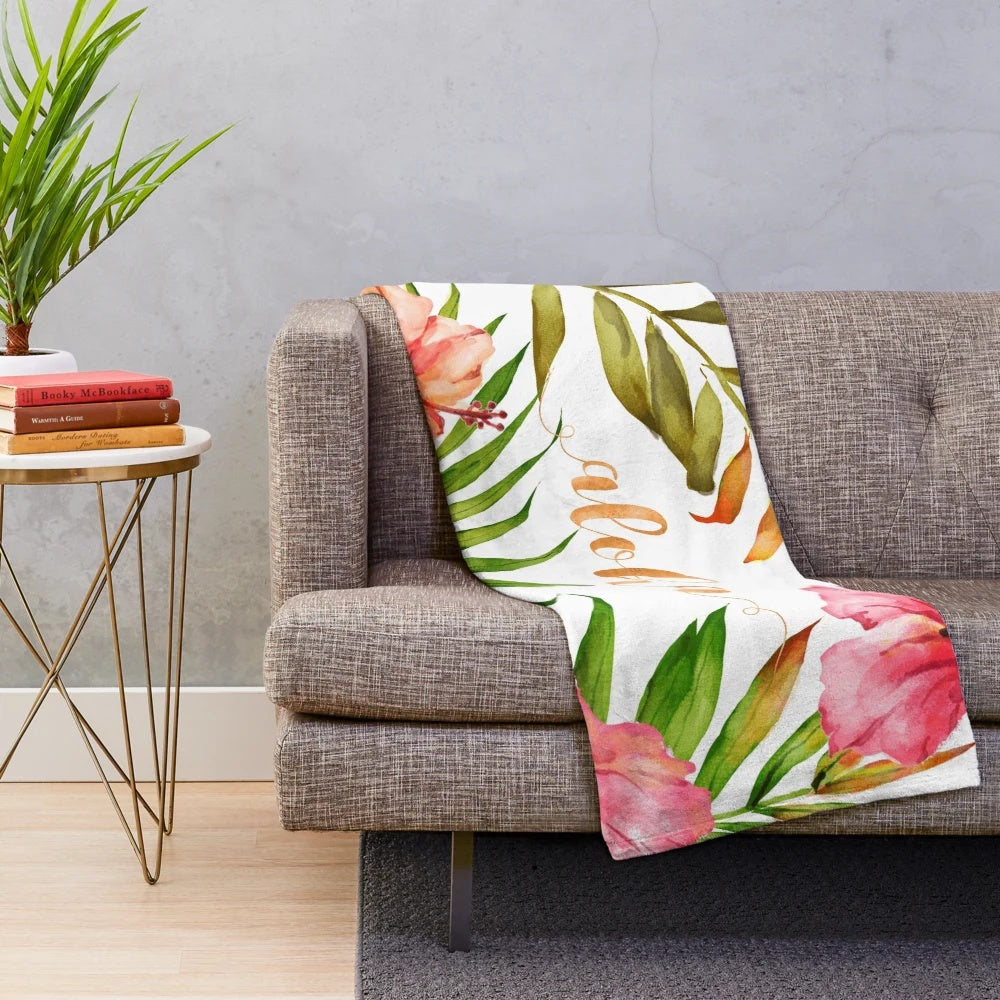 Tropical floral watercolor plush blanket with palm leaves and aloha text