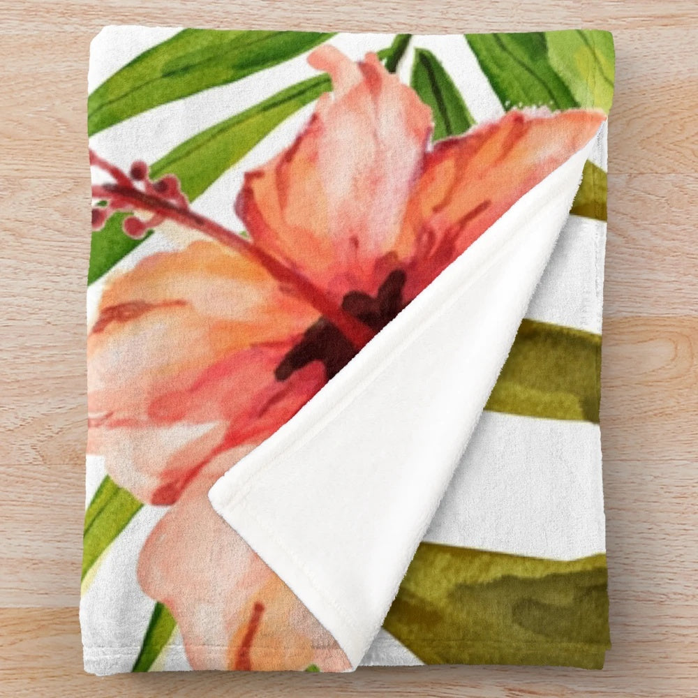 Tropical floral watercolor plush blanket with palm leaves and aloha text