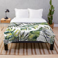 Tropical Garden Plush Blanket with Watercolor Leaves and Bird of Paradise
