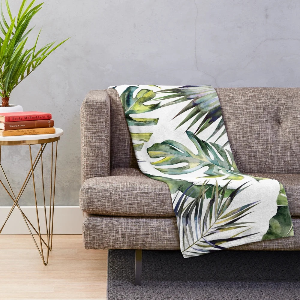 Tropical Garden Plush Blanket with Watercolor Leaves and Bird of Paradise