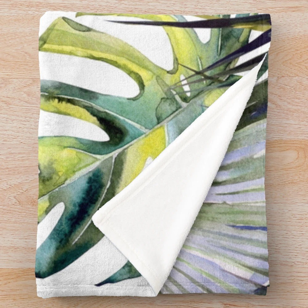 Tropical Garden Plush Blanket with Watercolor Leaves and Bird of Paradise