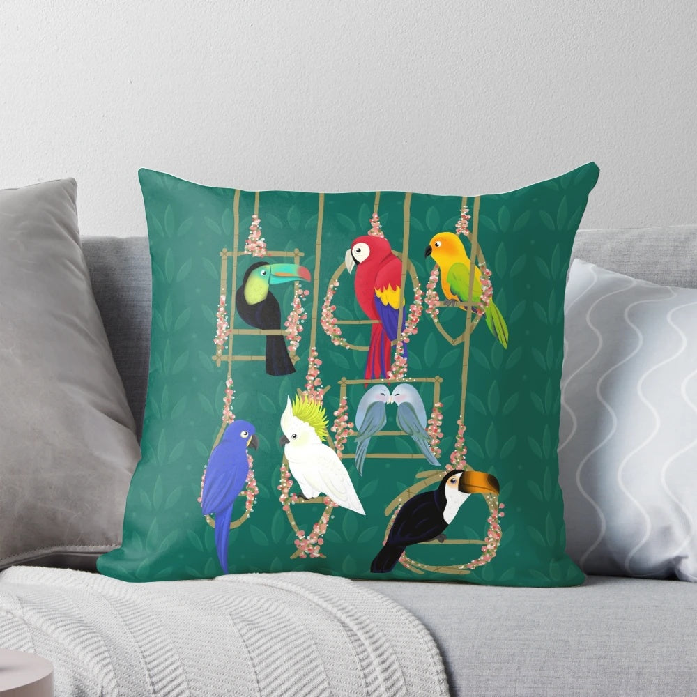 Vibrant tropical-inspired pillow with parrots, toucans, and other colorful birds