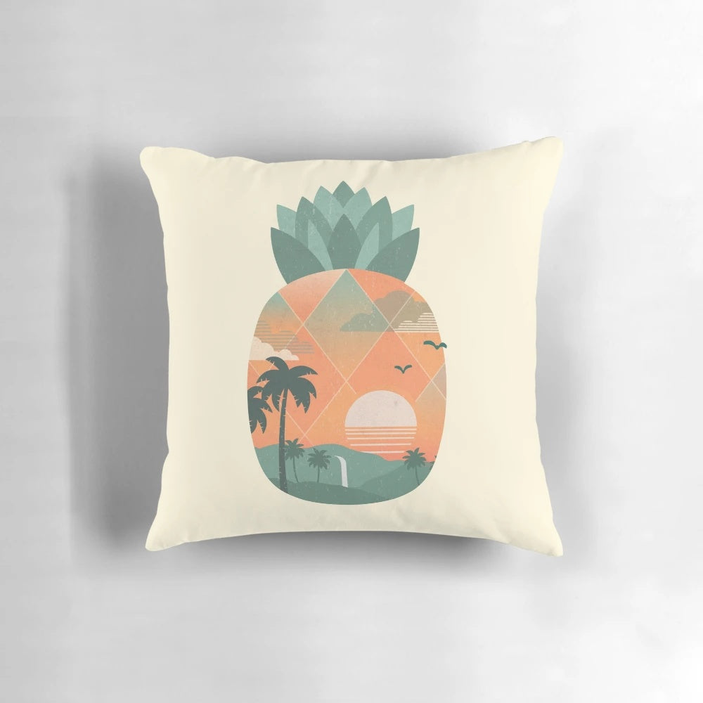 Tropical Gold Pillow with Pineapple and Sunset Design