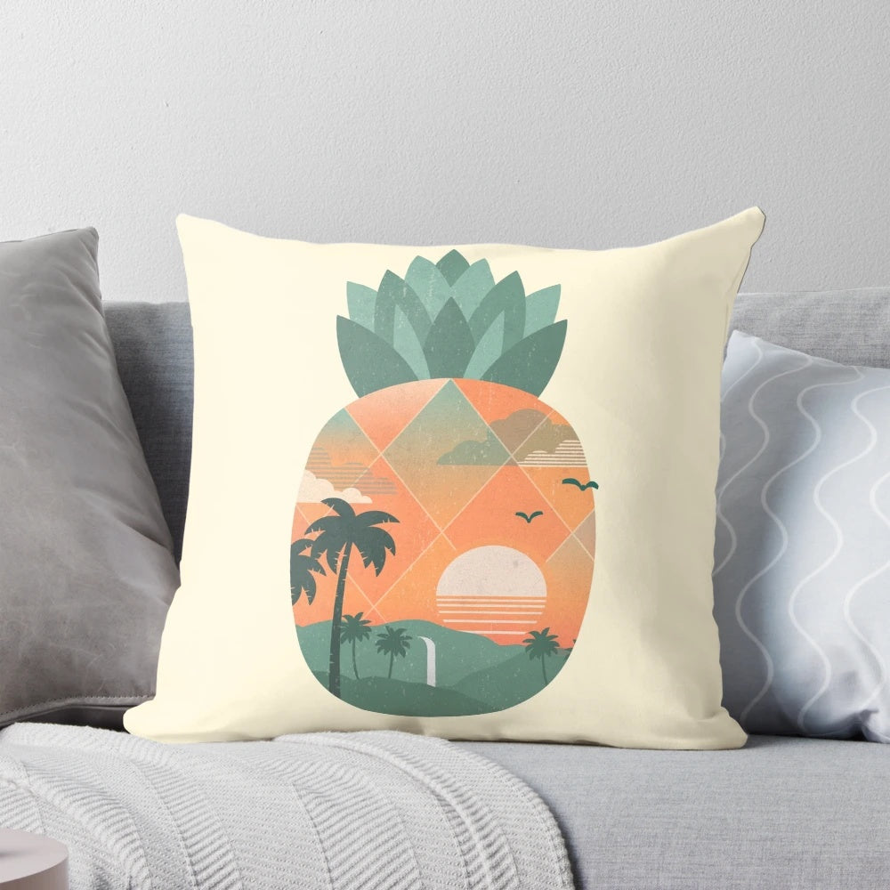 Tropical Gold Pillow with Pineapple and Sunset Design