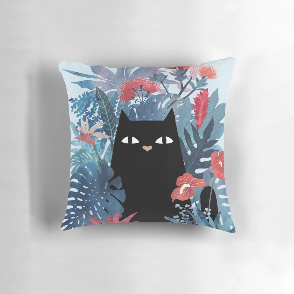 Blue Popoki (Hawaiian Cat) Pillow featuring tropical floral design