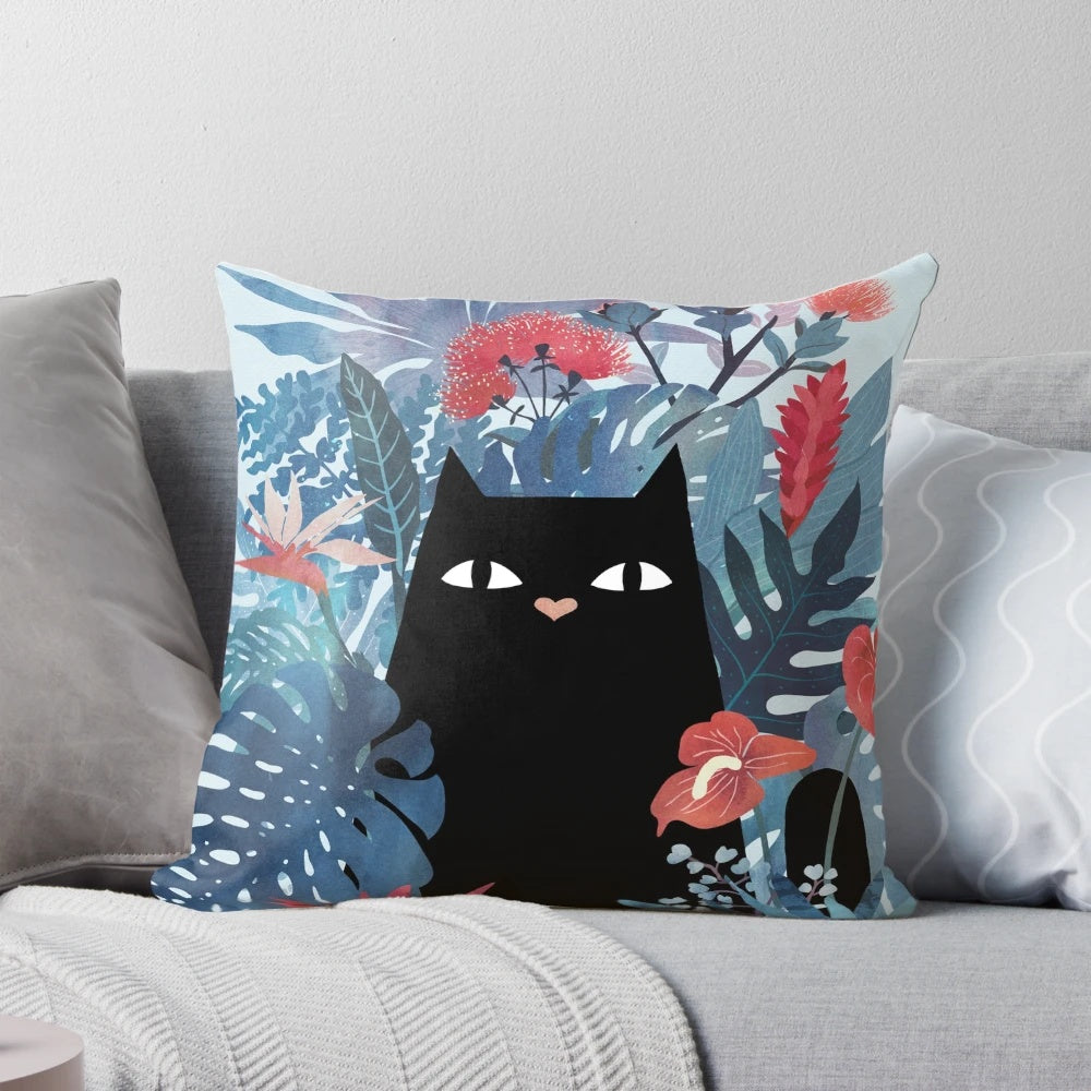 Blue Popoki (Hawaiian Cat) Pillow featuring tropical floral design