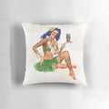 Vibrant tropical pinup girl design on a Hawaiian-themed decorative throw pillow