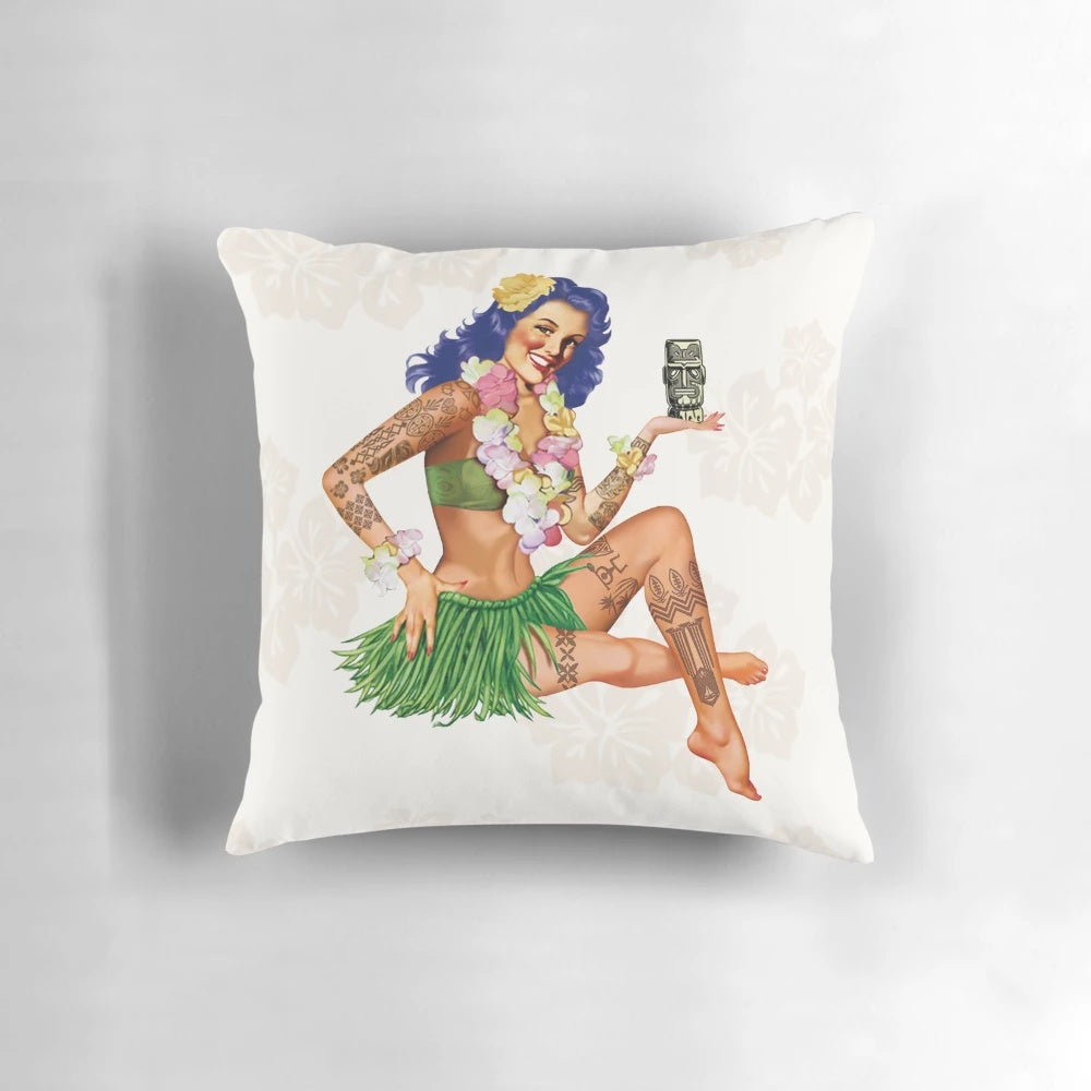 Vibrant tropical pinup girl design on a Hawaiian-themed decorative throw pillow