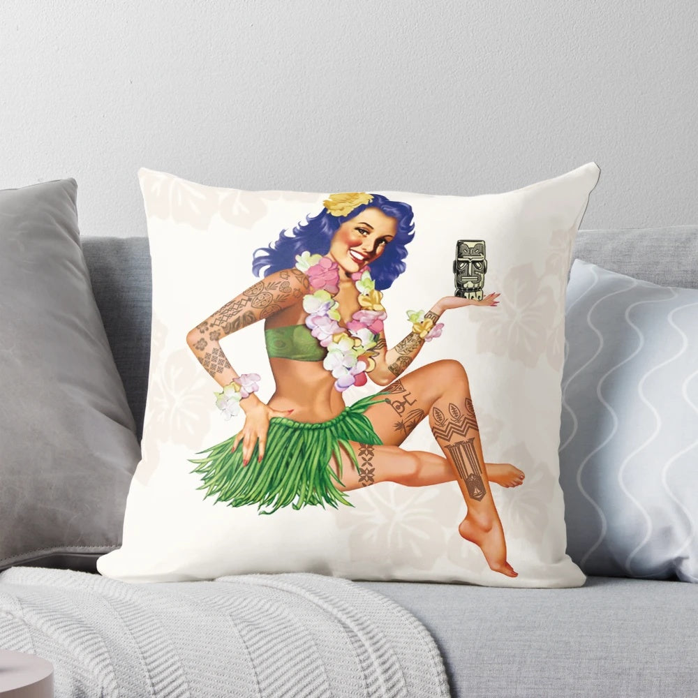 Vibrant tropical pinup girl design on a Hawaiian-themed decorative throw pillow
