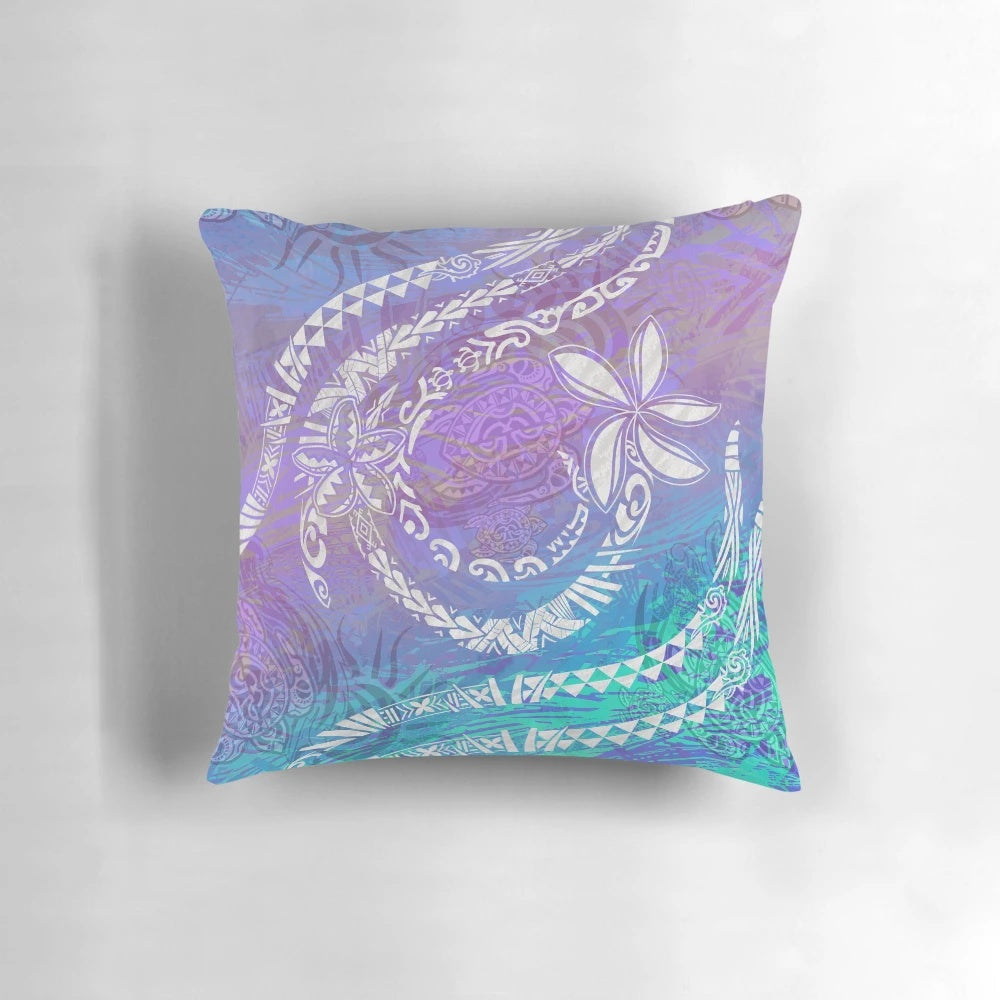 Vibrant Hawaiian tribal blue ocean design pillow with polynesian motifs