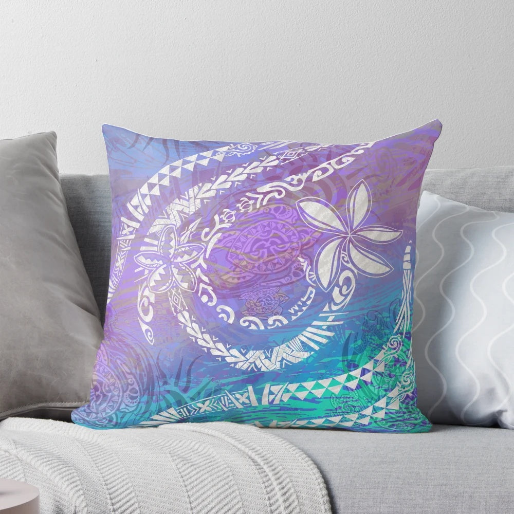 Vibrant Hawaiian tribal blue ocean design pillow with polynesian motifs