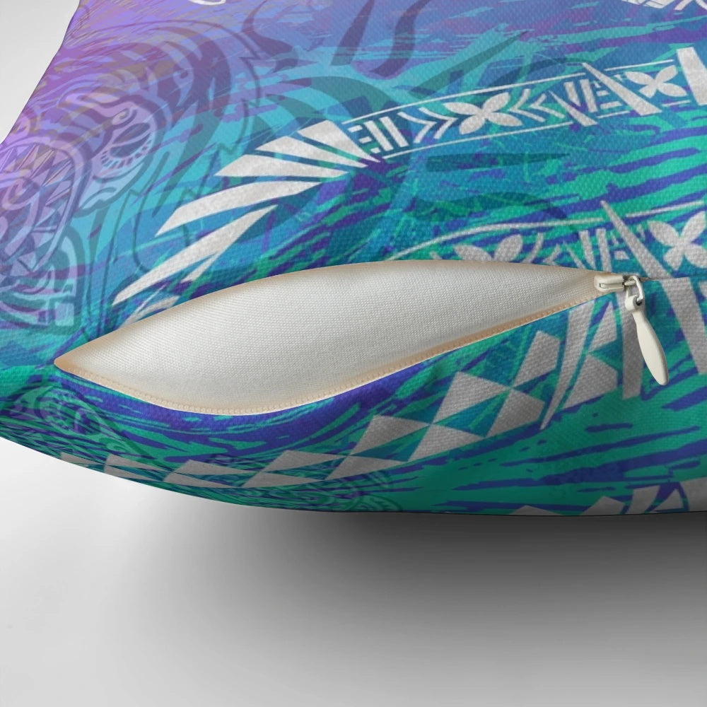 Vibrant Hawaiian tribal blue ocean design pillow with polynesian motifs