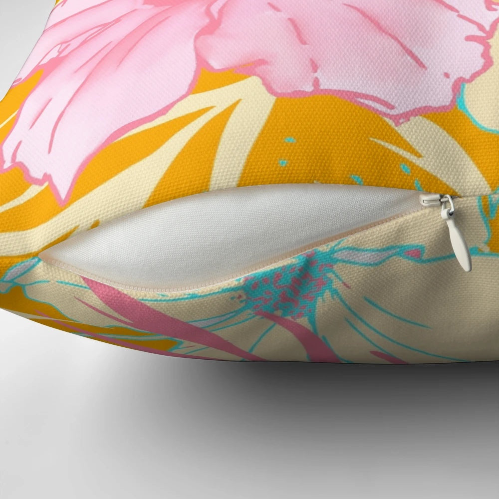 Tropical island-inspired pillow with hibiscus flowers and monstera leaves in a pastel pink and orange watercolor pattern.