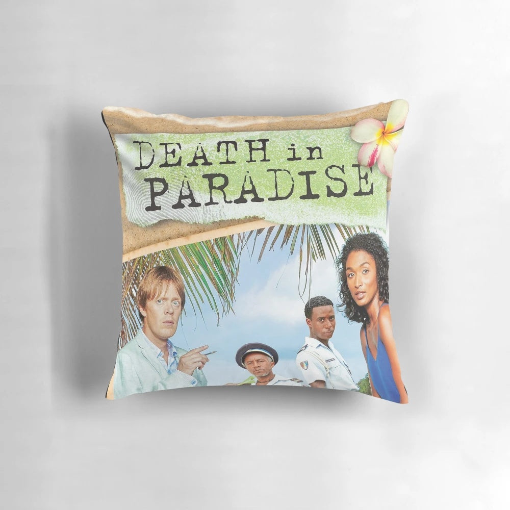 Tropical island-themed pillow inspired by the popular BBC TV series "Death in Paradise"