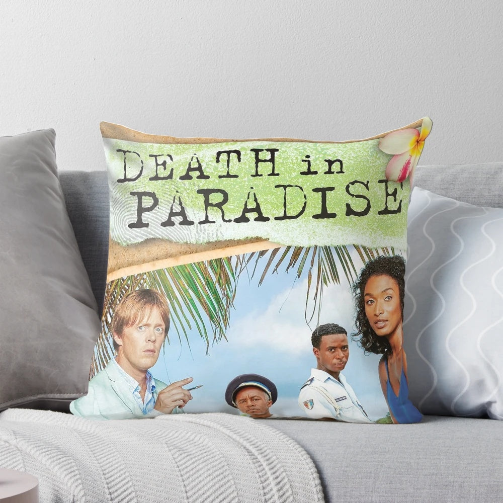 Tropical island-themed pillow inspired by the popular BBC TV series "Death in Paradise"