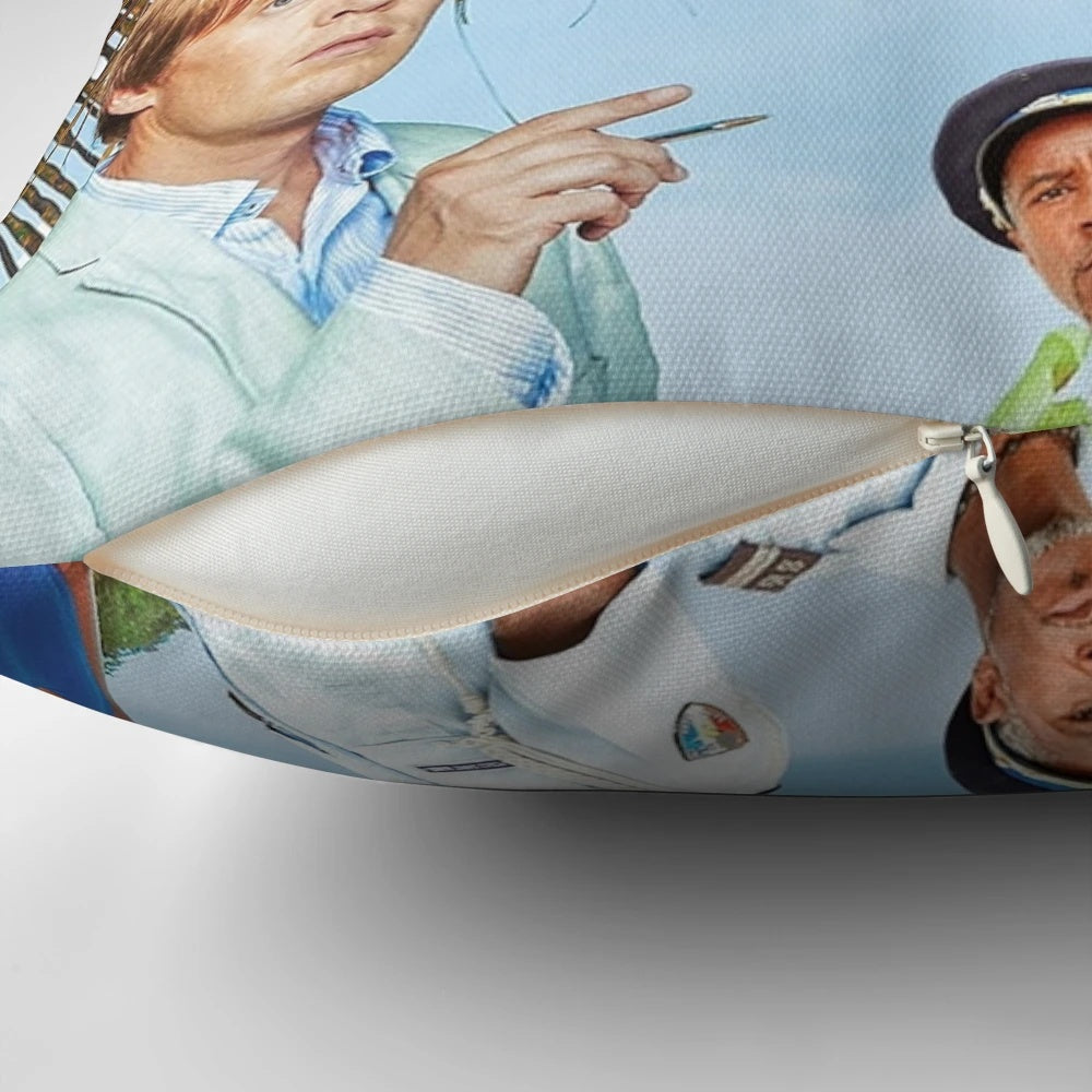 Tropical island-themed pillow inspired by the popular BBC TV series "Death in Paradise"