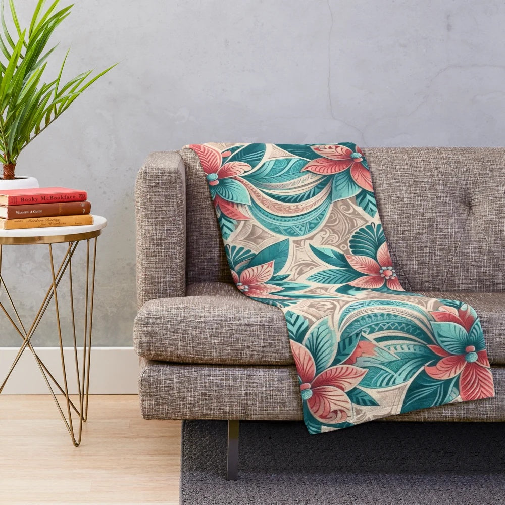 Coral and teal island blooms plush blanket with polynesian art and tropical floral pattern