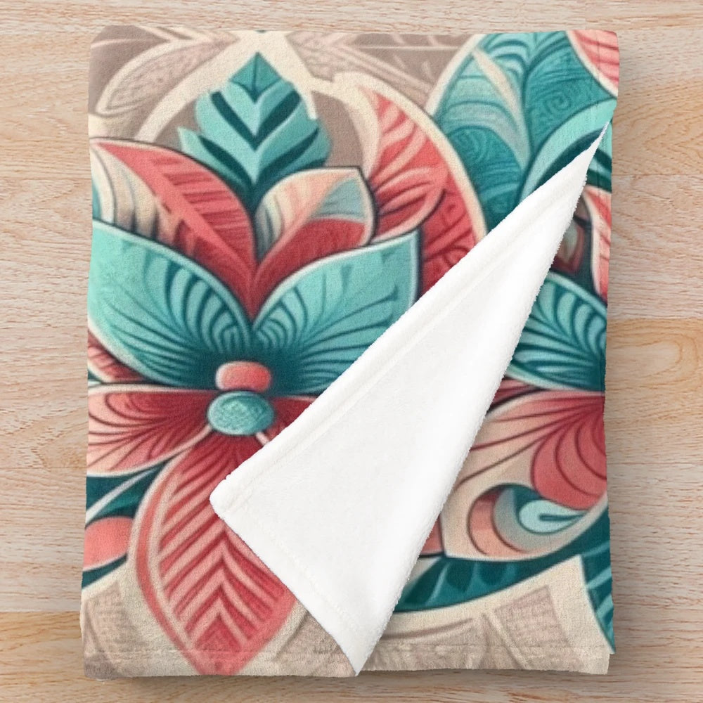 Coral and teal island blooms plush blanket with polynesian art and tropical floral pattern