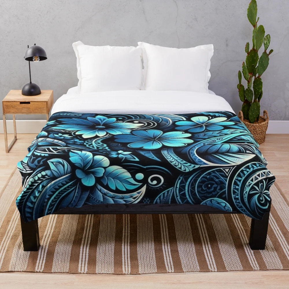 Plush blanket featuring a polynesian-inspired floral and tropical leaf design