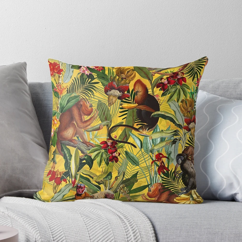Tropical jungle botanical garden pattern yellow pillow