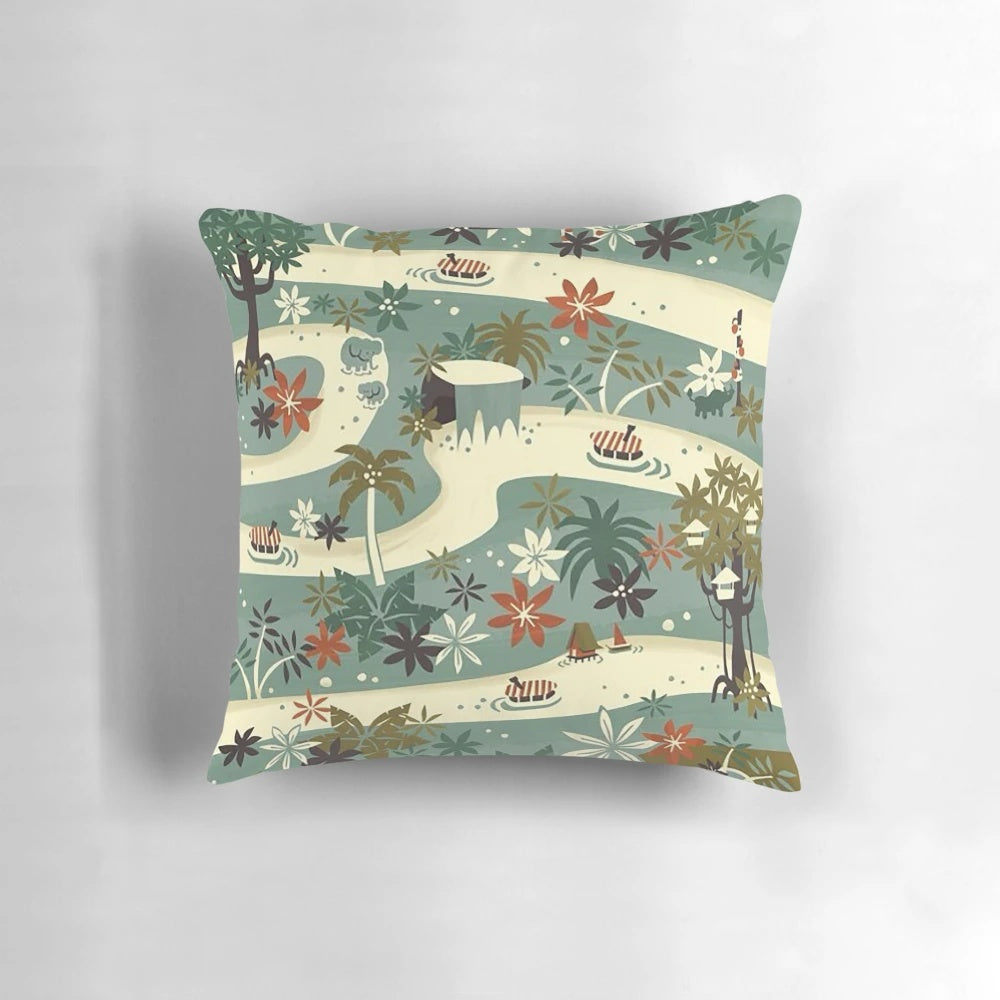 Jungle Cruise themed decorative pillow with a mid-century modern tropical pattern