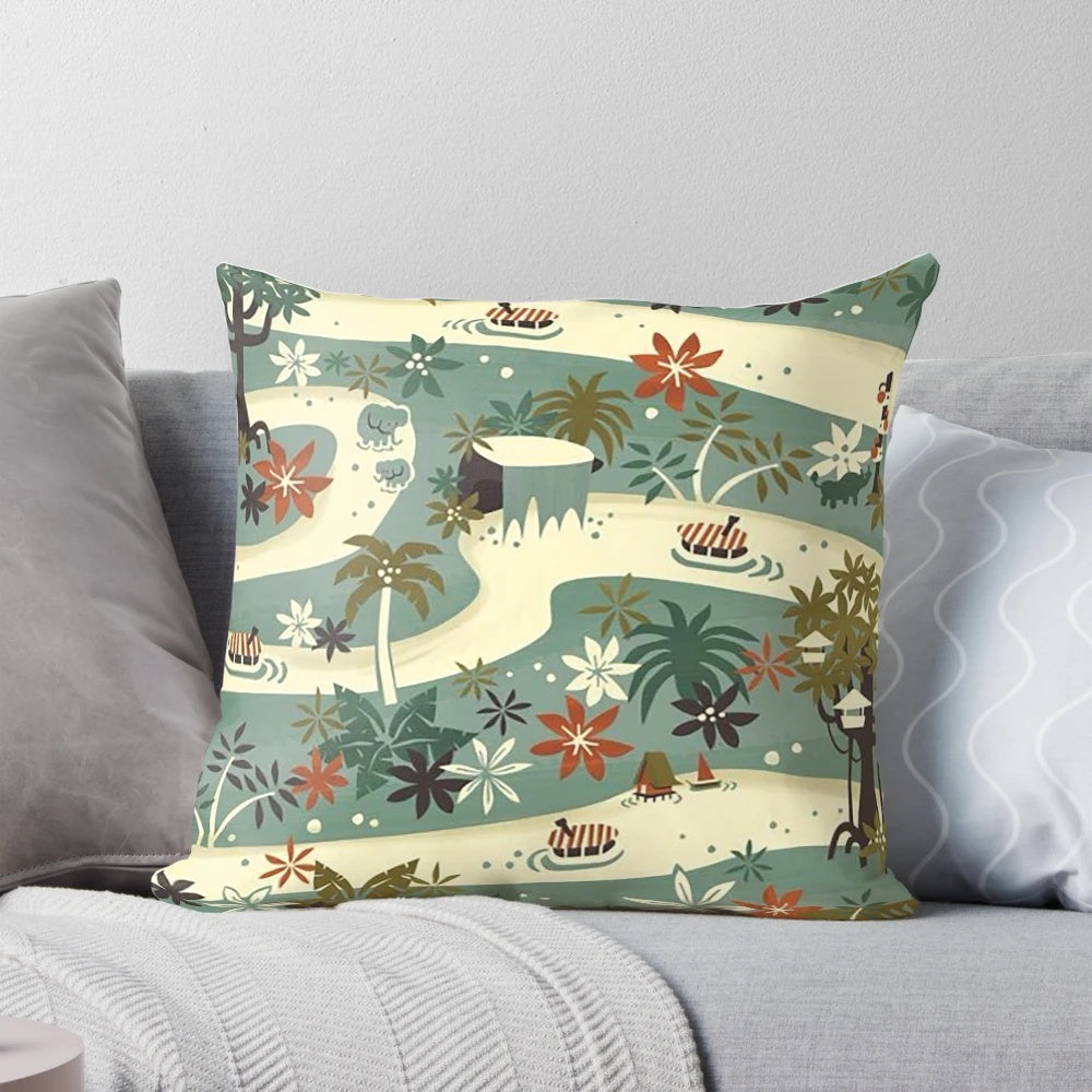 Jungle Cruise themed decorative pillow with a mid-century modern tropical pattern
