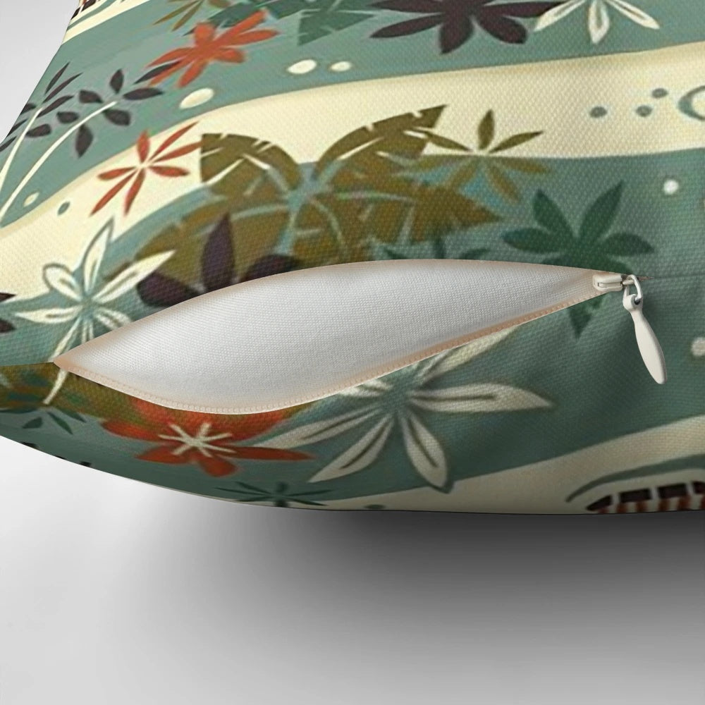 Jungle Cruise themed decorative pillow with a mid-century modern tropical pattern