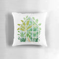 Tropical jungle greenhouse throw pillow with hand-drawn palm trees, greenery, and leopard print