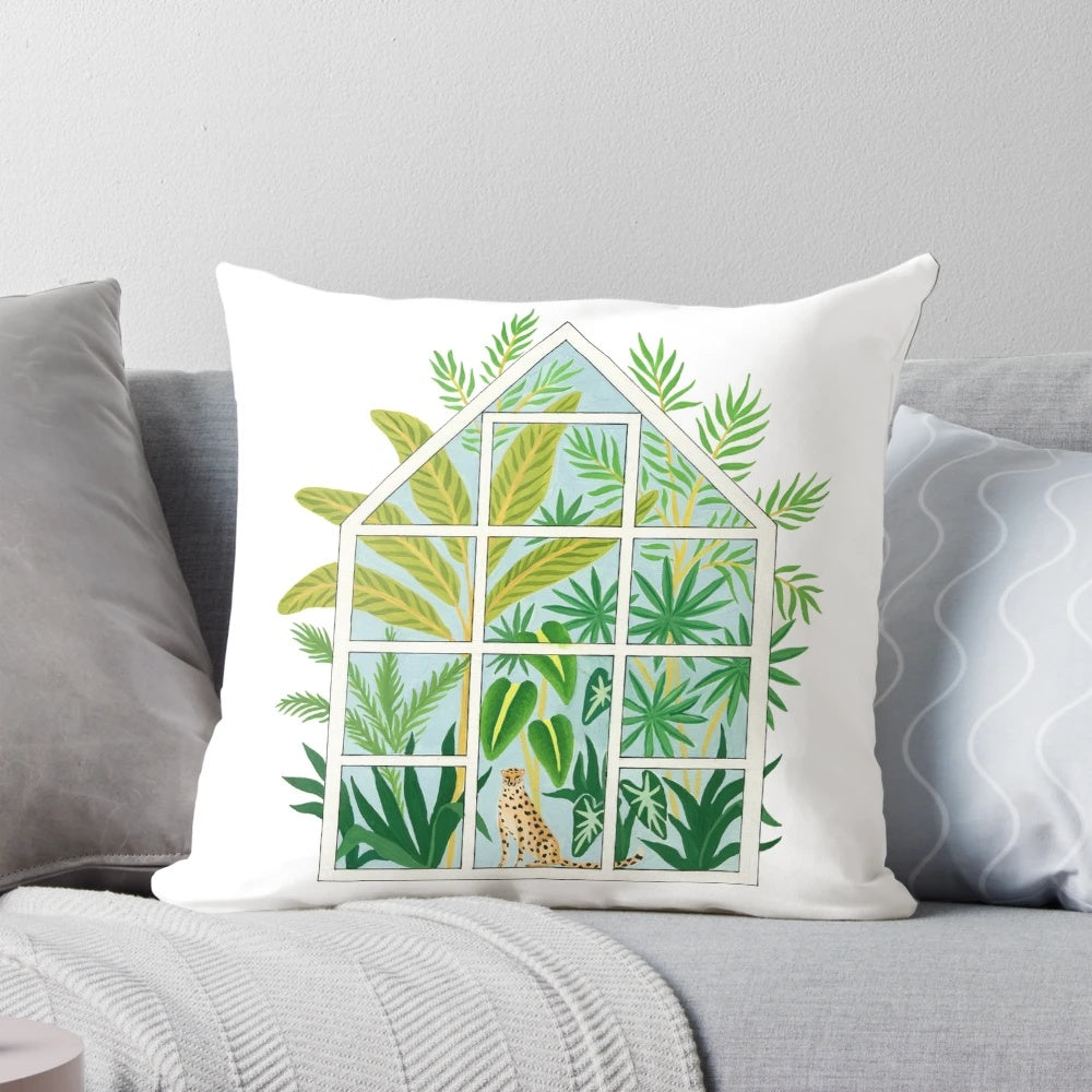 Tropical jungle greenhouse throw pillow with hand-drawn palm trees, greenery, and leopard print