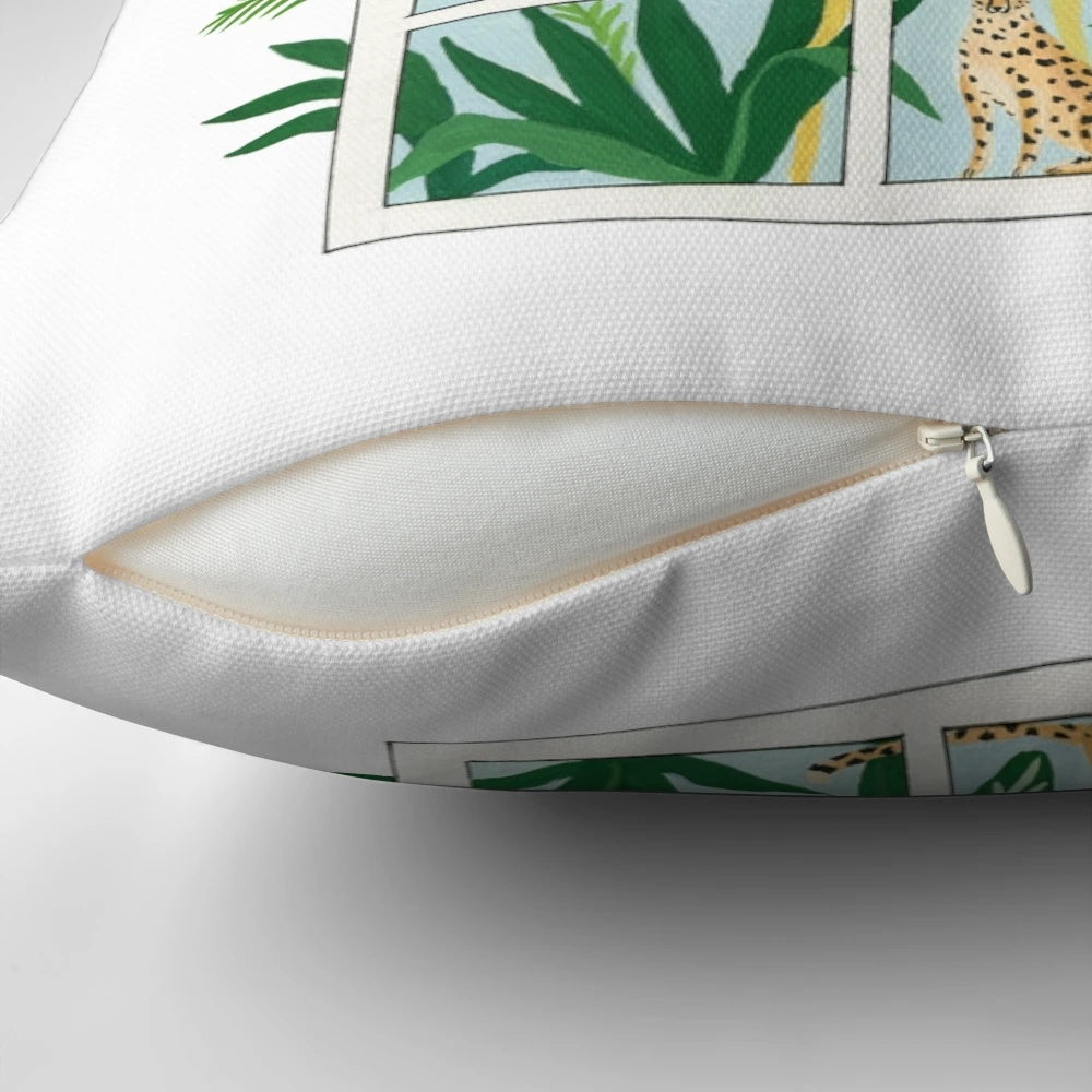 Tropical jungle greenhouse throw pillow with hand-drawn palm trees, greenery, and leopard print