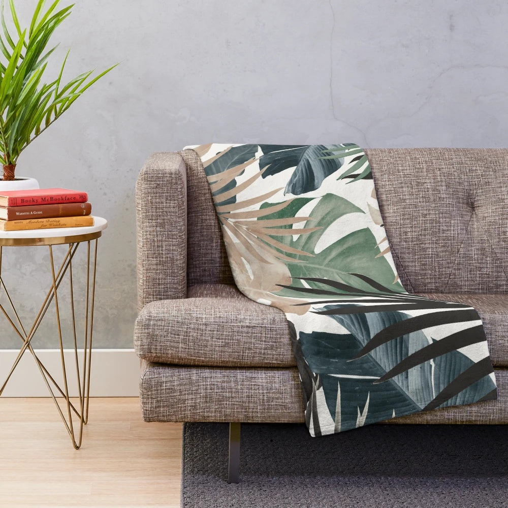 Tropical jungle leaves pattern plush blanket in fall colors