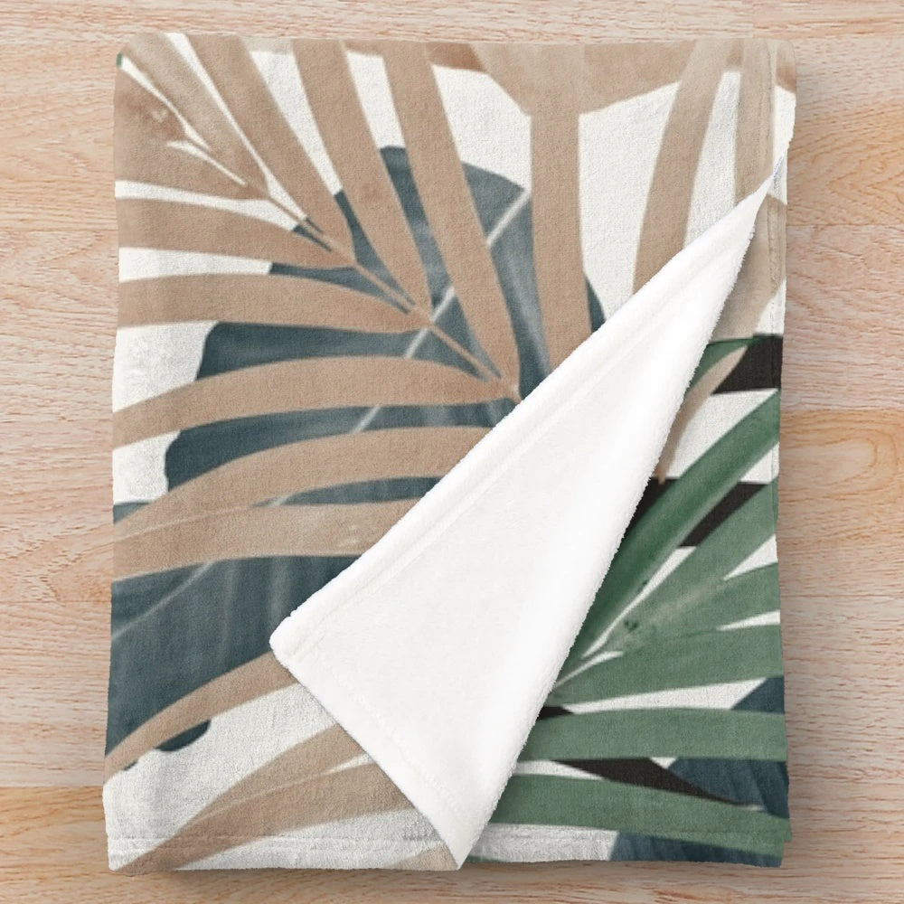 Tropical jungle leaves pattern plush blanket in fall colors