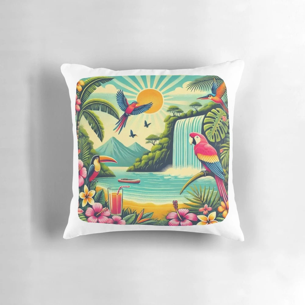 Tropical jungle-inspired pillow with colorful exotic birds and vibrant flowers