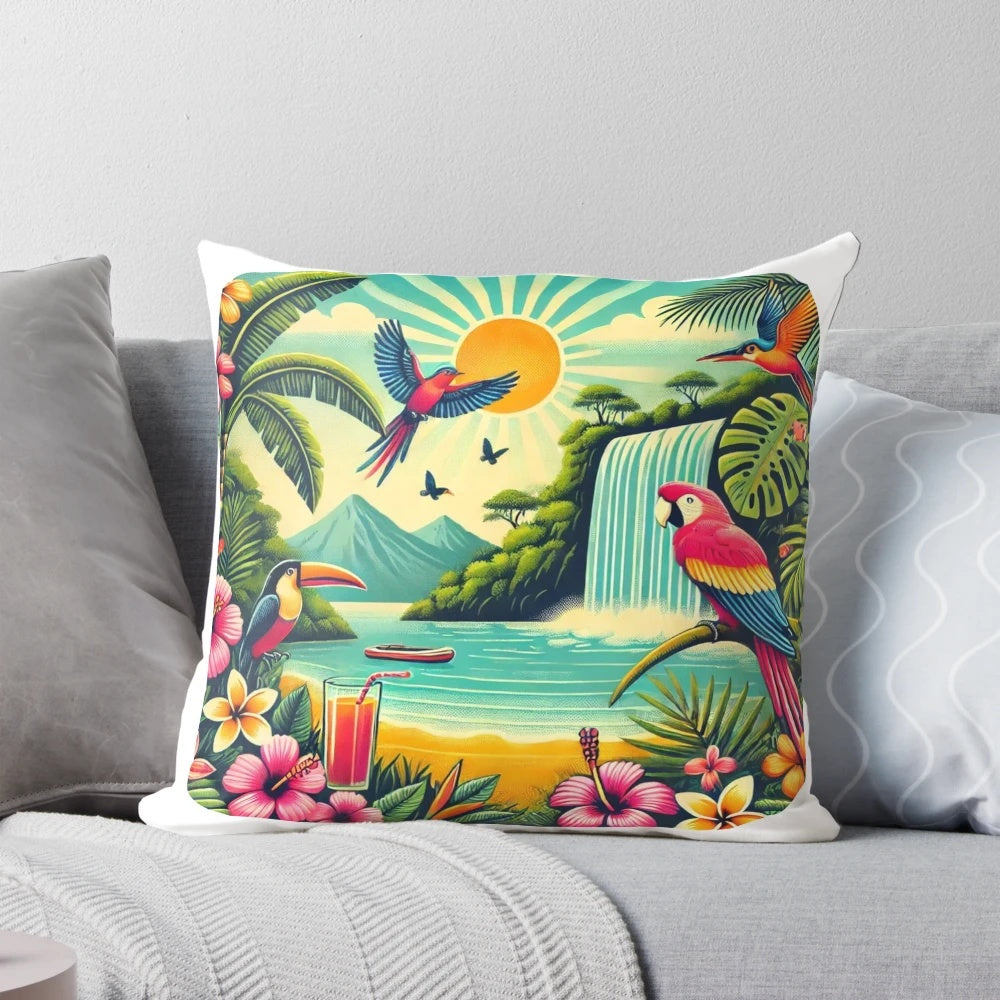 Tropical jungle-inspired pillow with colorful exotic birds and vibrant flowers