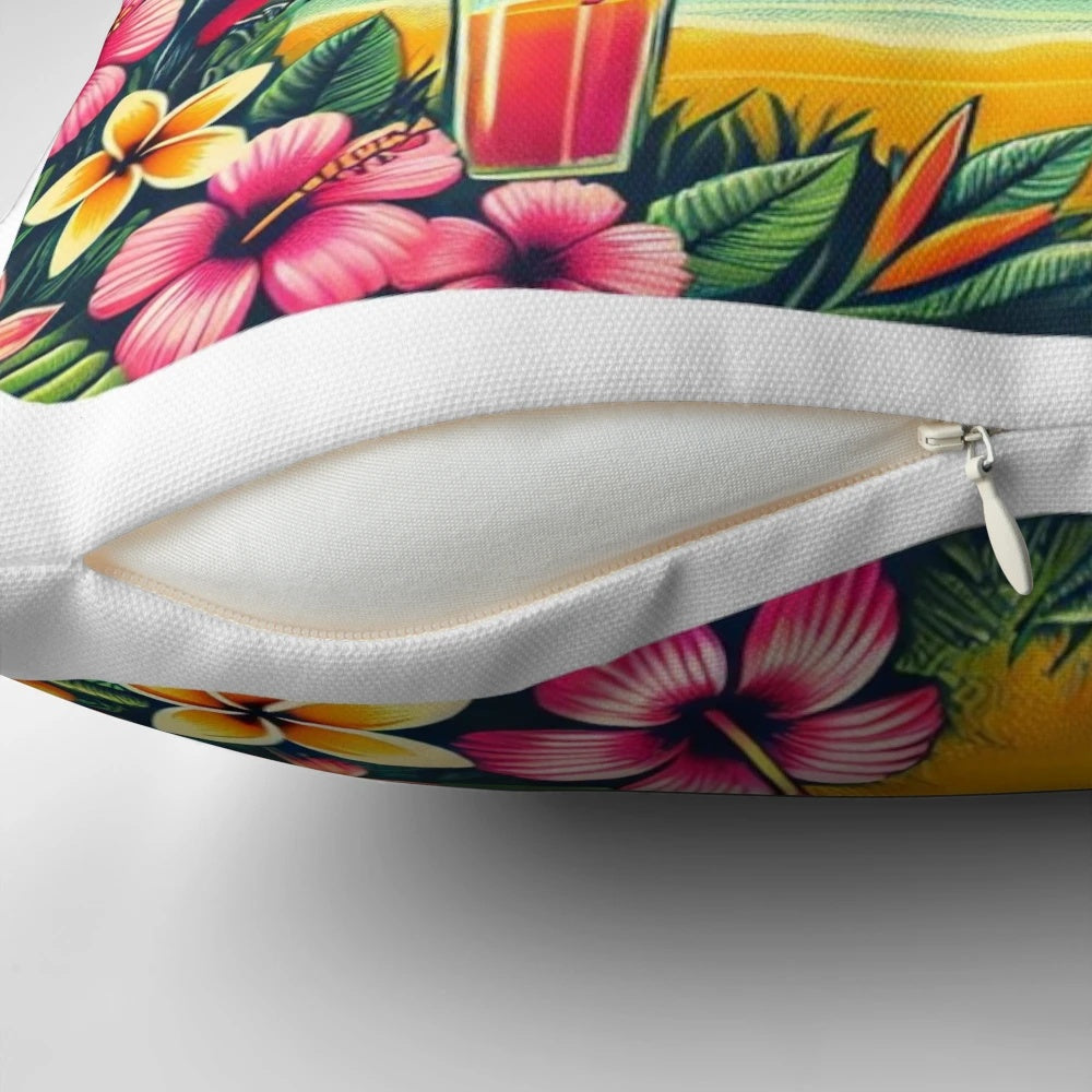 Tropical jungle-inspired pillow with colorful exotic birds and vibrant flowers