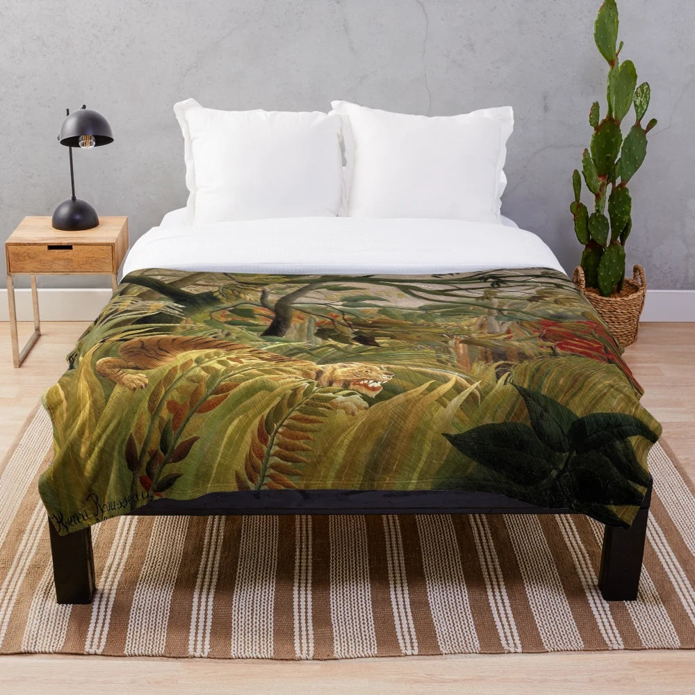 Lush tropical plush blanket featuring a tiger in a jungle scene inspired by Henri Rousseau's famous painting