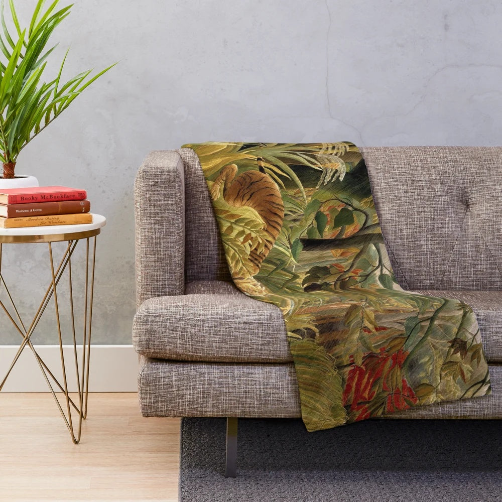 Lush tropical plush blanket featuring a tiger in a jungle scene inspired by Henri Rousseau's famous painting